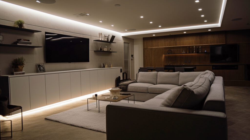 Wohnzimmer mit großem Sofa und runden LED-Spots in der Decke und indirekter Beleuchtung unter einer hängenden Kommode