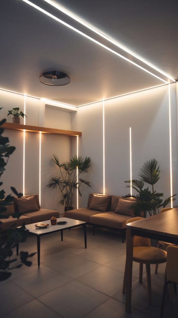 Wohnzimmer mit gemütlicher Beleuchtung durch LED-Leuchtstreifen