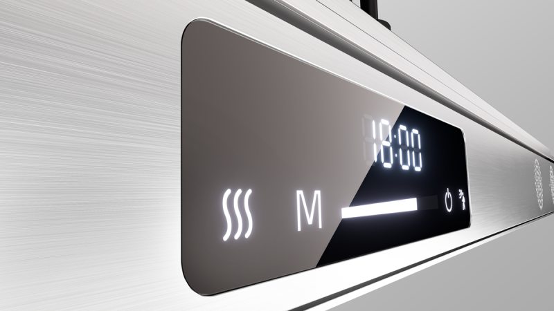 Bedienfeld von Wessel MIRA mit Uhrzeit sowie Symbolen für Spiegelheizung, Dimmer, Ein-Aus und Sensor