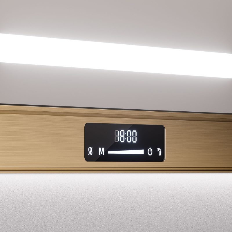 Wessel MIRA in Brushed Gold unter dem beleuchteten Spiegel, Nahaufnahme von Display und Lichtlinie