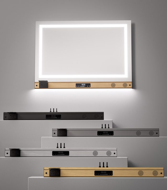 MIRA am beleuchteten Spiegel, darunter die vier Oberflächen Anodized Black, Gunmetal Grey, Brushed Silver und Brushed Gold