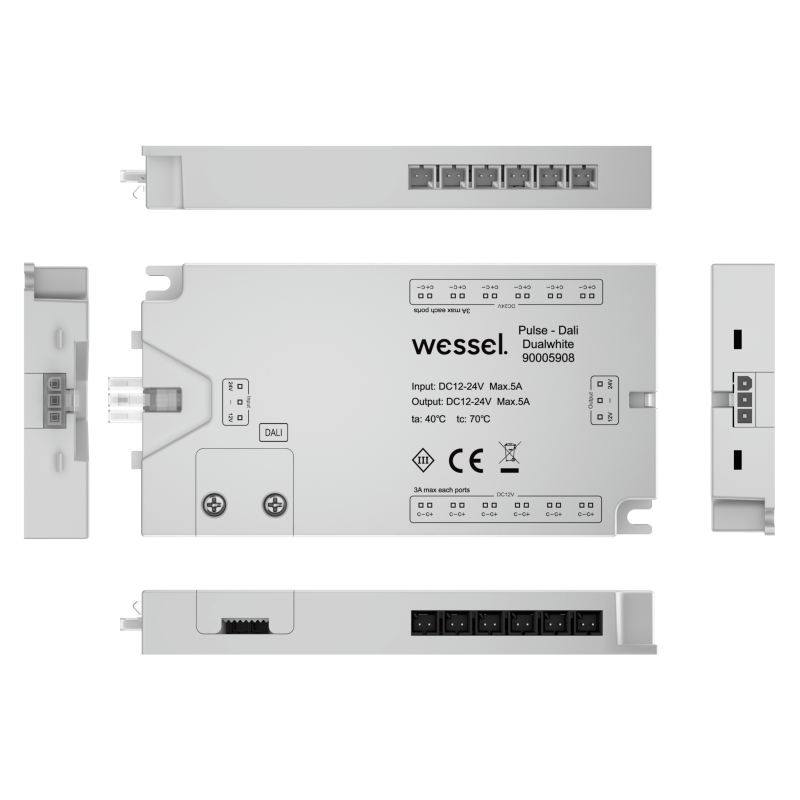 Wessel Pulse DALI Dualwhite Modul 90005908 mit DALI-Anschluss, Anschlussübersicht und mehreren Geräteansichten