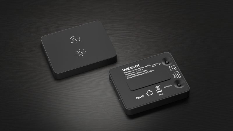 Wessel Funk-Touchsensor, Vorder- und Rückseite mit Symbolen für Schalten und Dimmen